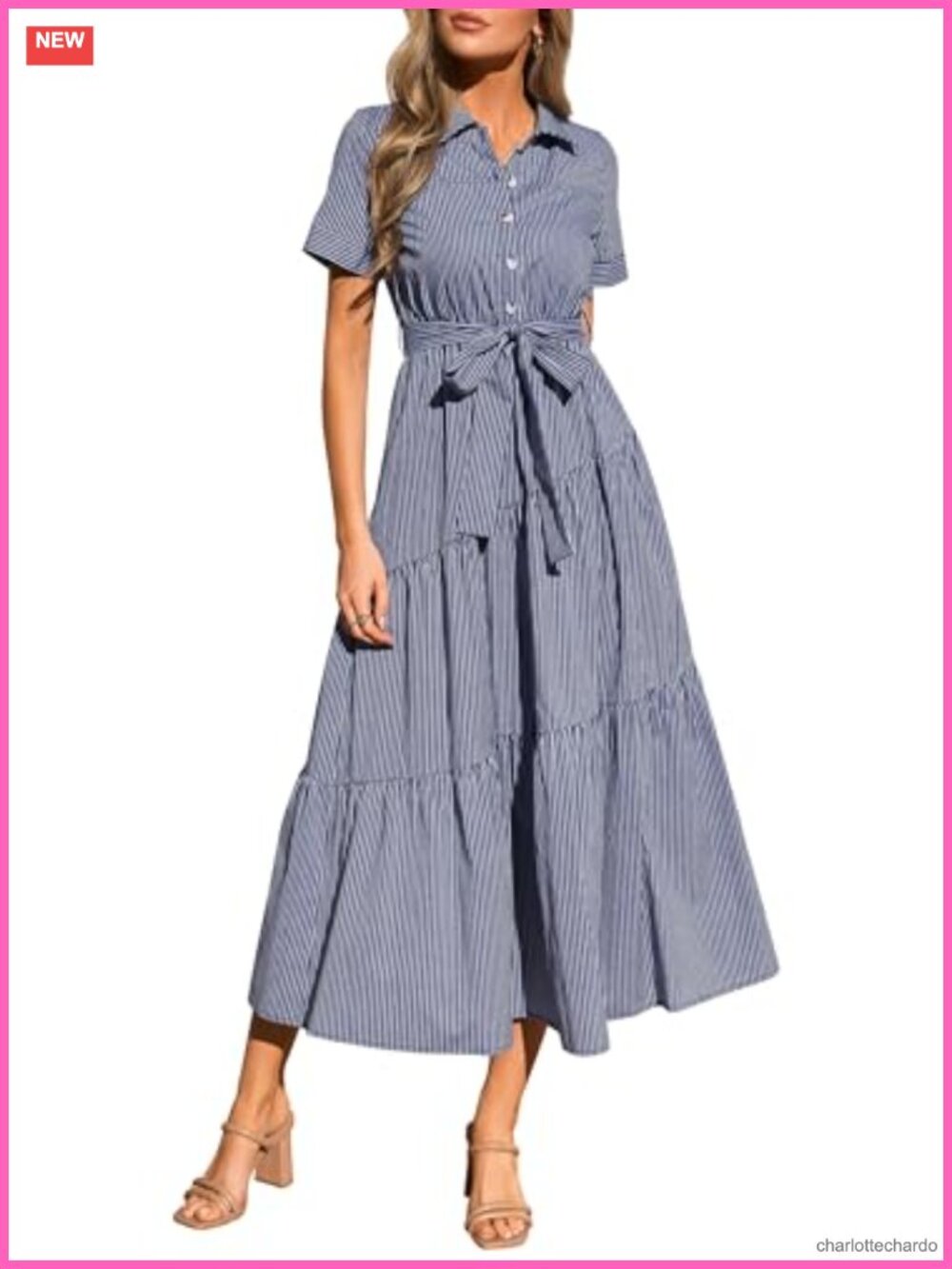 Women's Striped Maxi Button Up Shirt Dress - Short Sleeve Cotton Fit & Flare